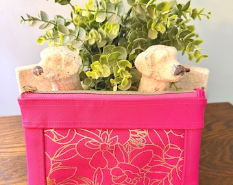Pink Textured Vinyl Cosmetic Pouch, Gold and Pink Floral Cosmetic Bag