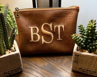 Vegan Leather Cosmetic Pouch, Personalized Chestnut Brown Cosmetic Bag for Men or Women