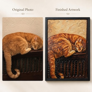 May include: A side-by-side comparison of a photograph and a finished artwork. The photograph shows a sleeping orange tabby cat. The artwork, in a black frame, depicts the cat in a textured, painterly style, with the text "Finished Artwork" above it.