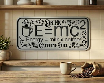 Funny Coffee Sign for Kitchen | E=mc2 Energy Formula Wall Decor | Coffee Bar Station Sign| Science Lover Gift| Caffeine Fuel Art