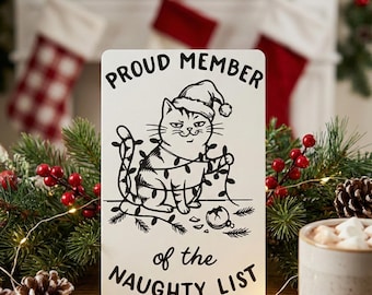 Funny Christmas Decor | Naughty List Sign | Cat Tangled in Lights | White Elephant Gift | 3D Printed Wall Art| Humorous Holiday