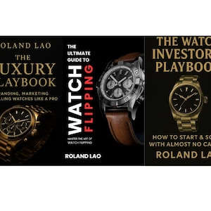Pode incluir: Três livros com temas relacionados a relógios em um fundo preto. O primeiro livro é intitulado "The Luxury Playbook" com um relógio dourado. O segundo livro é "The Ultimate Guide to Watch Flipping". O terceiro livro é "The Watch Investor's Playbook".