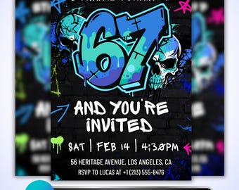 Graffiti 67 Birthday Invitation for Boys: Skull Street Art Party Invite, Canva Template