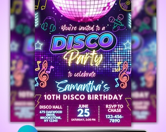 Disco Birthday Invitation: Neon Kids Party Invite, Retro Dance Theme, Canva Template