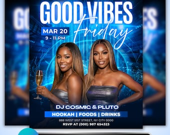 Good Vibes Friday Flyer: Nightclub DJ Party, Hookah Lounge Promo Canva Template