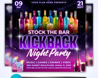 Kickback Party Flyer Template: Club Night Bar Event Drinks Promotion, Canva Night Flyer Template