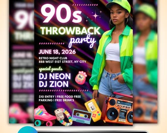 90s Throwback Party Flyer: Retro Club Night Event DJ Neon Vibe Invitation Canva Template
