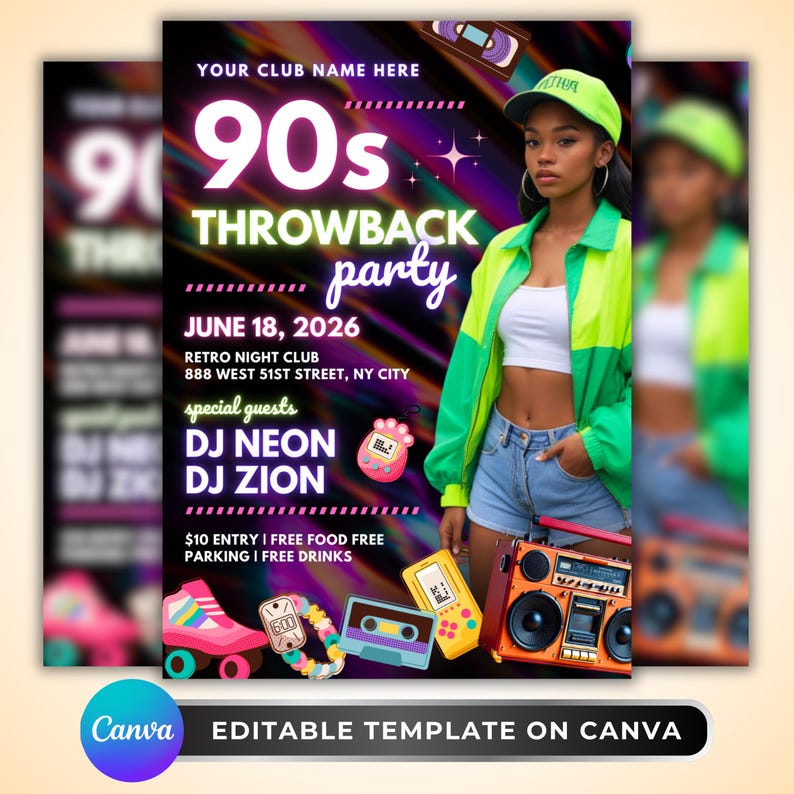 90s Throwback Party Flyer: Retro Club Night Event DJ Neon Vibe ...