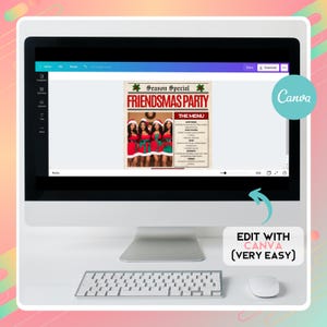 Editable Friendsmas party invitation Canva template with festive Christmas theme in newspaper design.