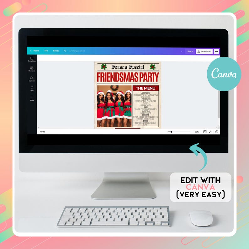 Editable Friendsmas party invitation Canva template with festive Christmas theme in newspaper design.
