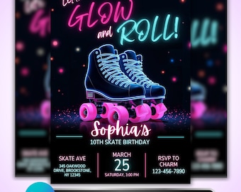 Roller Skate Party Invitation: Glow Birthday Invite for Girls, Neon Skating Design, Canva Template