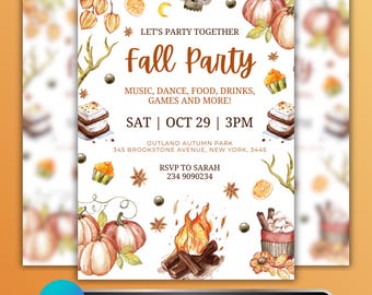 Fall Party Flyer, Autumn Festival Flyer Template, Pumpkin Party Invitation, Halloween Party Flyer, Editable Canva Fall Community Event Evite