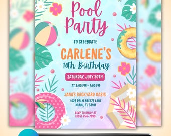 Pool Party Birthday Invitation: Kids Summer Splash Party Invite, Digital Download, Customizable Canva Template