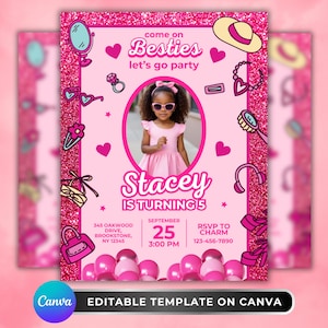 May include: A pink birthday party invitation with a glitter border. The invitation features the text "Come on Besties, let's go party" and "Stacey is turning 5". The invitation includes a photo of a young girl wearing sunglasses and a pink dress. The invitation also includes the date, time, and RSVP information.