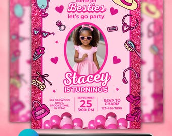 Fashion Doll Birthday Invitation Template, Doll Theme Party Flyer, Editable Pink Glitter Girl Birthday Invite Canva Digital Download