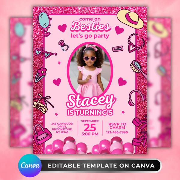 Fashion Doll Birthday Invitation Template, Doll Theme Party Flyer, Editable Pink Glitter Girl Birthday Invite Canva Digital Download