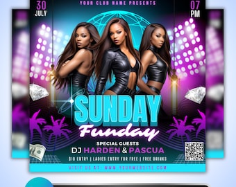 Sunday Funday Party Flyer: Nightclub DJ Event Promotion, Club Night Design, Canva Template