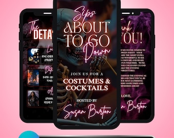 May include: Three smartphones with Halloween-themed designs. The central phone shows a skeleton with the text "Sips About to Go Down" and "Costumes & Cocktails." The bottom banner reads "Editable Template on Canva."