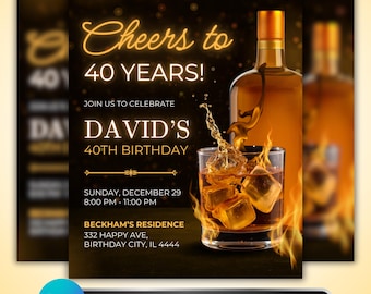 Whiskey Birthday Invitation: Men’s Bourbon Party, 40th Milestone Celebration Design, Canva Template