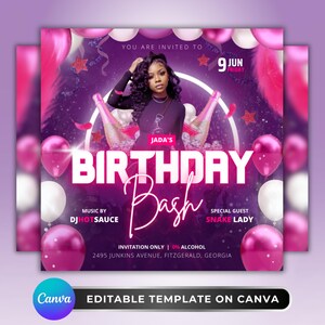 May include: A purple and pink birthday party invitation with a woman's image, balloons, and text. The invitation reads "Jada's Birthday Bash" with details including the date, location, and special guests. The Canva logo is visible.