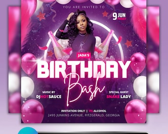 Könnte beinhalten: Eine lila-rosa Geburtstagseinladung mit einem Frauenbild, Luftballons und Text. Die Einladung lautet "Jada's Birthday Bash" mit Details wie Datum, Ort und besonderen Gästen. Das Canva-Logo ist sichtbar.