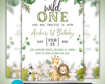 Wild One Birthday Invitation: Safari Jungle Animals First Birthday Design, Boy Party Canva Template