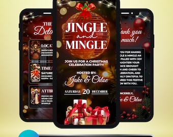 May include: Three smartphones displaying a Christmas party invitation. The central phone features the text "Jingle and Mingle" with a disco ball graphic. The invitation includes details like the date, time, and host's names.