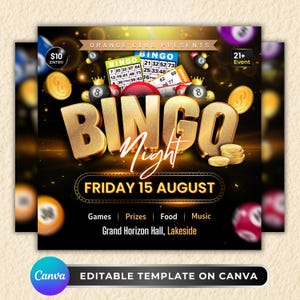Flyer bingoavond, bewerkbare canvassjabloon, flyer casinofeest, flyer clubevenement, flyer game-avond volwassen, fundraiser kerkbingo