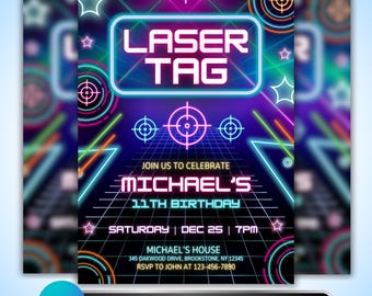 Laser Tag Invitation: Neon Arcade Birthday Party Invite, Glow Game Design, Canva Template