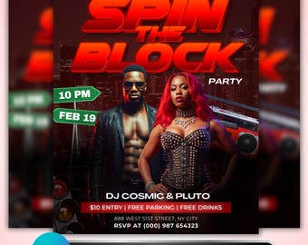 Spin The Block Flyer: Hip Hop Club Party Night DJ Event Canva Template Promo