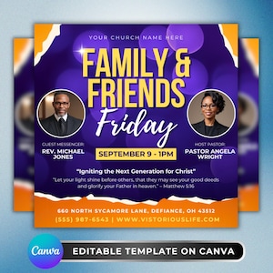 May include: A promotional flyer for a Family & Friends Friday event. The design features a purple and orange colour scheme with the text "FAMILY & FRIENDS Friday" in large, bold letters. Includes guest messenger Rev. Michael Jones and host pastor Angela Wright.
