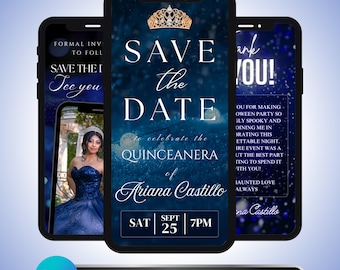 Quinceanera Video Invitation Template: Blue Princess Save The Date, Animated Event Invite Canva Template