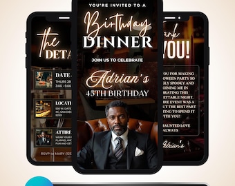 Birthday Dinner Invitation Video: Elegant Black Gold Party Invite, Animated Event Details Canva Template