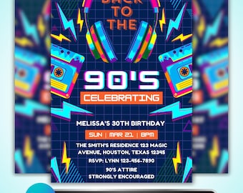 90s Birthday Invitation: Back to the 90s Retro Party, Neon Throwback Celebration, Canva Template