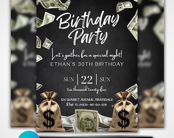 Money Birthday Party Flyer: Cash Theme 30th Invite, Adult Celebration Design, Canva Template