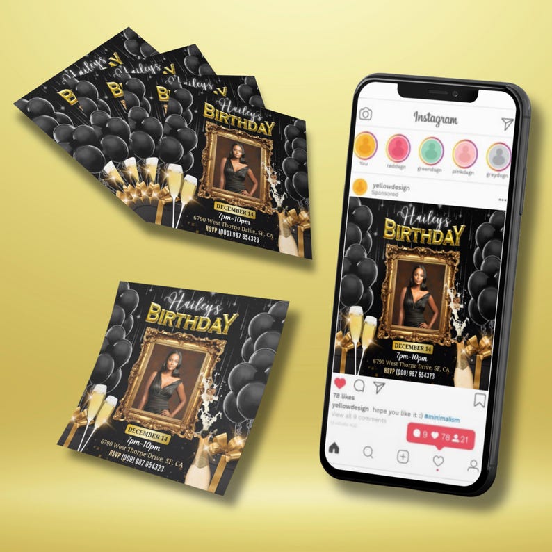 Luxury Birthday Party Invitation, Black and Gold Editable Canva Flyer ...