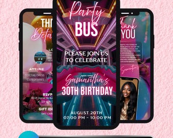 Party Bus Invitation: Limo Birthday Event, Nightclub Celebration Evite, Editable Canva Template