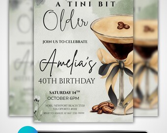A Tini Bit Older Invitation: Espresso Martini Birthday Party, Classy Coquette Theme, Editable Canva Template