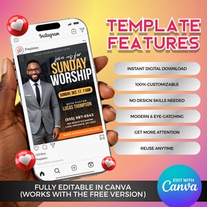 May include: A smartphone displays an Instagram post promoting Sunday Worship with Pastor Lucas Thompson. The template features include instant digital download, 100% customizable, and modern design. The image is fully editable in Canva.