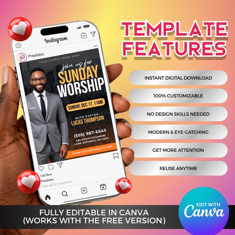 May include: A smartphone displays an Instagram post promoting Sunday Worship with Pastor Lucas Thompson. The template features include instant digital download, 100% customizable, and modern design. The image is fully editable in Canva.