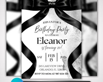 Black Ribbon Birthday Invitation: Elegant Milestone Adult Party Invite for Women, Canva Template