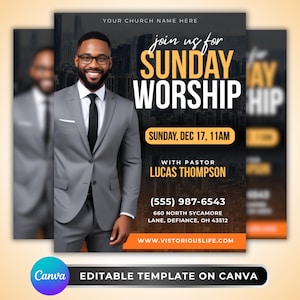 Può includere: Un volantino promozionale per un servizio di culto domenicale. Il design presenta un uomo in abito grigio e occhiali. Il testo include "Sunday Worship", data, ora, nome del pastore, informazioni di contatto e sito web. Modello modificabile su Canva.