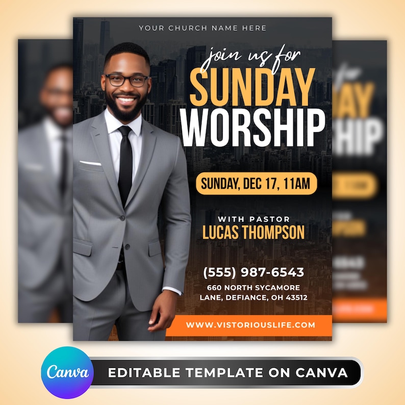 Editable Sunday Worship flyer template for churches and ministries — professional Canva design promoting Sunday service with date, pastor name, and location details.