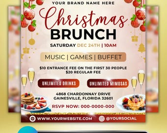 May include: A festive Christmas Brunch invitation with a red and gold color scheme. The design includes text that reads "Christmas Brunch" and details about the event, including the date, time, and location. The invitation also features decorative elements like ornaments and champagne glasses.