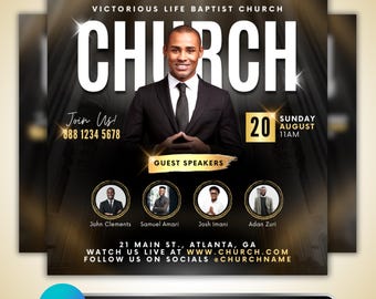 Church Flyer Template: Sunday Service, Guest Speaker Event, Black Gold Worship Design, Canva Template