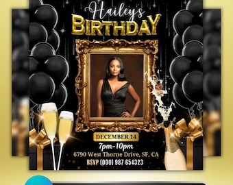 Luxury Birthday Party Invitation, Black and Gold Editable Canva Flyer Template, Elegant Adult Birthday Invite Digital Download
