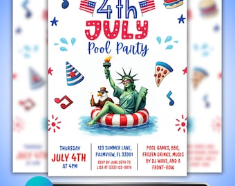 4th Of July Invitation: Pool Party Invite, Summer BBQ Independence Day Flyer, Canva Template