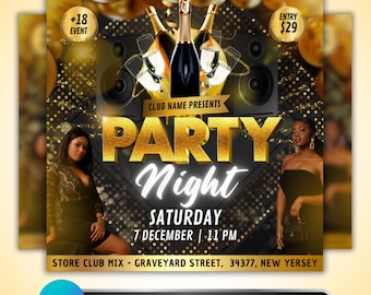 Party Night Flyer: Club Event Nightclub Birthday Party Promo Flyer Design Editable Canva Template