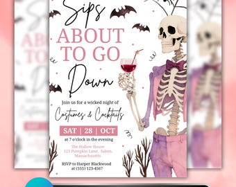 Halloween Party Flyer: Adult Costumes & Cocktails Invitation, Spooky Skeleton Theme, Editable Canva Template
