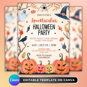 May include: A Halloween party invitation with a watercolor design. The invitation features pumpkins, a witch's hat, a ghost, and the text "Spooktacular Halloween Party". The template is editable on Canva.